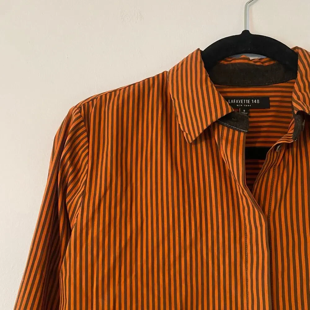 Lafayette 148 Orange Brown Pinstripe Button Down Shirt Cotton Preppy size Small - Picture 3 of 12